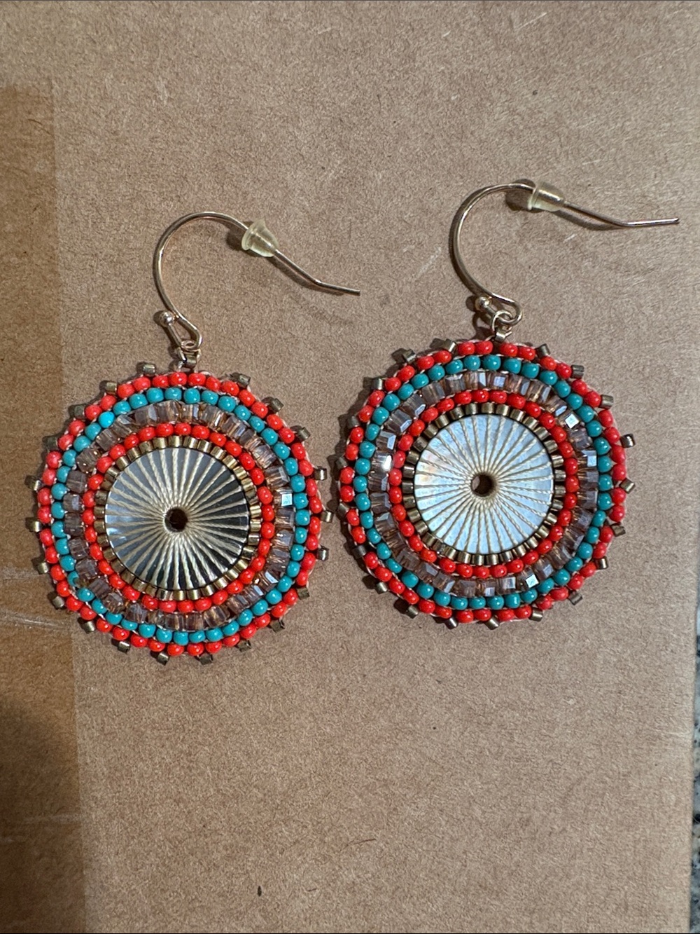 Beaded Red and Turquoise Circular Drop Earrings